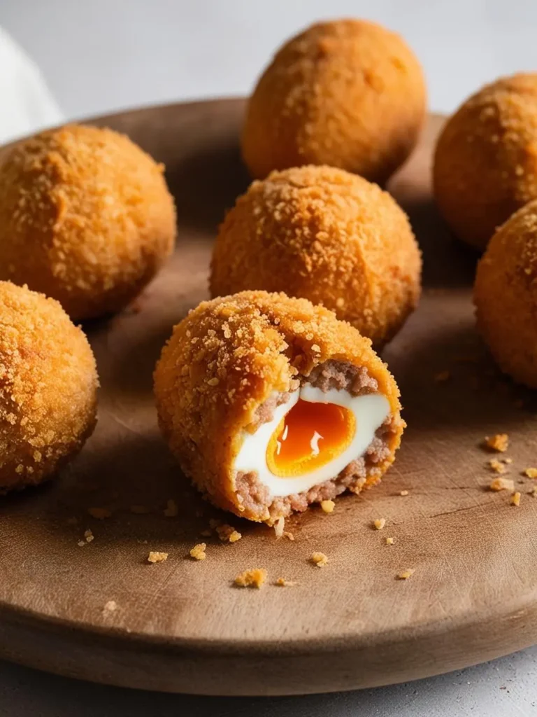 A plate of golden brown Scotch eggs. One egg is cut in half, revealing a perfectly cooked yolk surrounded by savory sausage meat and a crispy breadcrumb coating. The eggs look delicious and perfect for a party or snack.