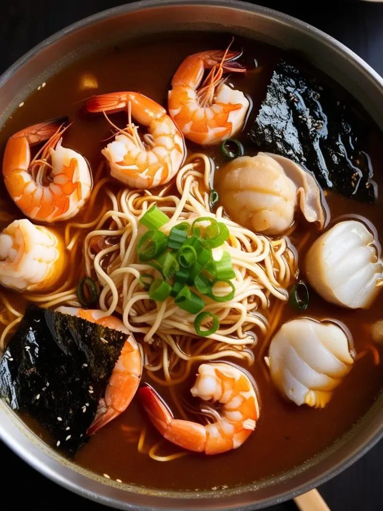 A large pot of steaming seafood ramen with a rich, flavorful broth. The ramen is topped with plump shrimp, scallops, noodles, nori seaweed, and green onions.