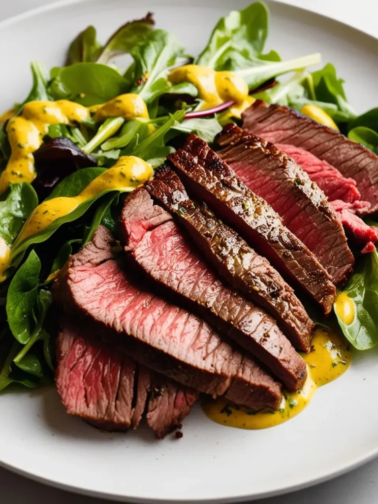 A plate of a steak salad. Sliced grilled steak is arranged on a bed of mixed greens. The steak is drizzled with a creamy yellow sauce, likely a mustard vinaigrette. The salad looks fresh and flavorful.