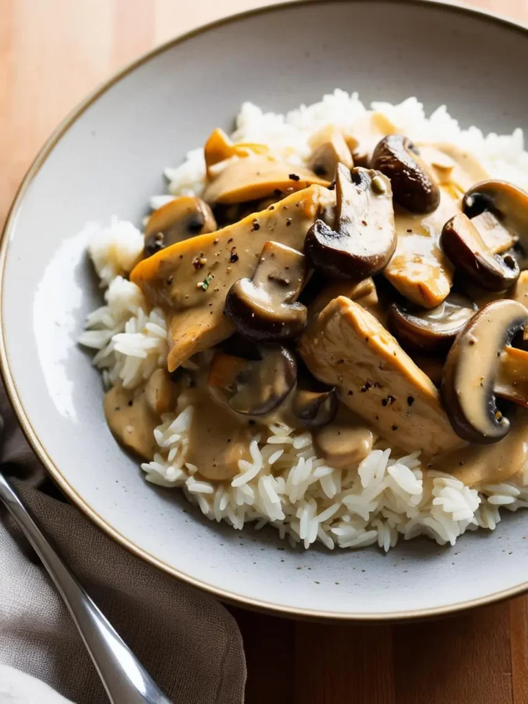 A plate of Chicken Stroganoff, a classic dish with tender chicken and mushrooms simmered in a creamy sauce, served over a bed of fluffy white rice. It's a comforting and flavorful meal that's perfect for a cozy night in.