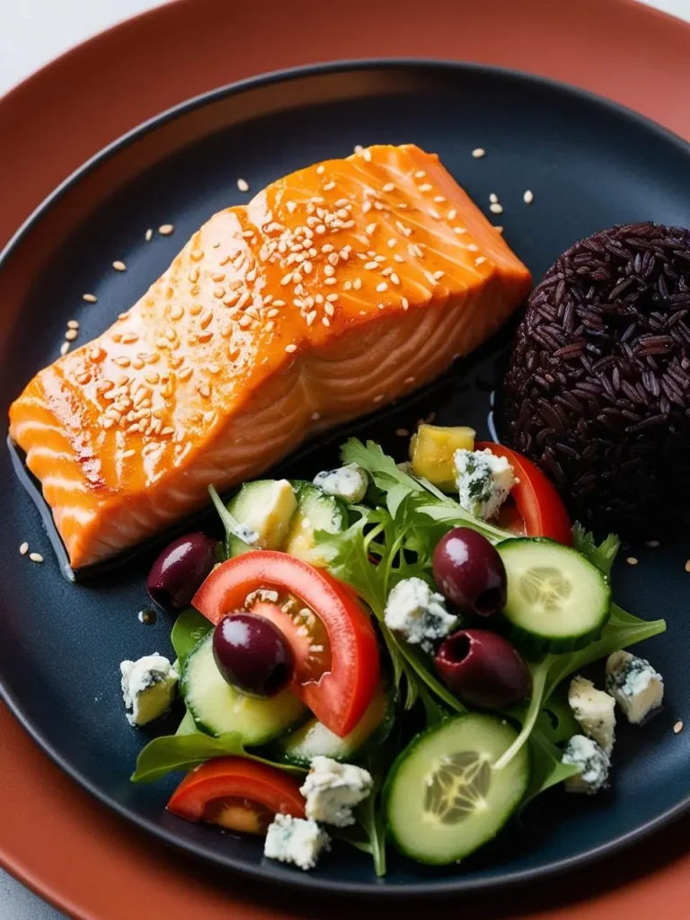 A plate of pan-seared salmon glazed with a sweet and savory sauce and sprinkled with sesame seeds. It's served with a side of black rice and a colorful salad with tomatoes, cucumbers, olives, and blue cheese. The dish looks visually appealing and flavorful.