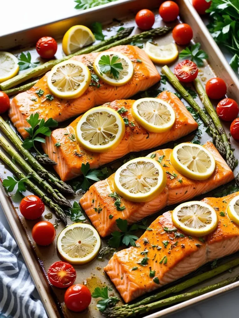 A sheet pan dinner featuring perfectly baked salmon fillets topped with lemon slices and fresh herbs. The salmon is accompanied by roasted asparagus and cherry tomatoes, creating a healthy and flavorful meal.