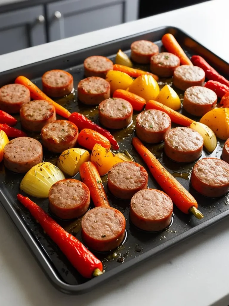 A sheet pan filled with roasted sausage links and a colorful assortment of vegetables, including carrots, potatoes, and onions. The dish looks delicious and easy to prepare, perfect for a weeknight dinner.