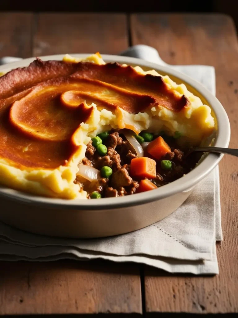 A close-up of a shepherd's pie. The dish has a golden brown mashed potato topping with a swirl design. A portion of the topping has been removed to reveal the savory meat and vegetable filling underneath.