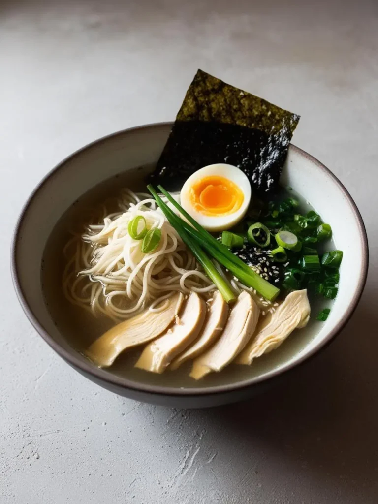 A bowl of chicken ramen with a clear broth, topped with slices of chicken, a soft-boiled egg, nori seaweed, green onions, and black sesame seeds.