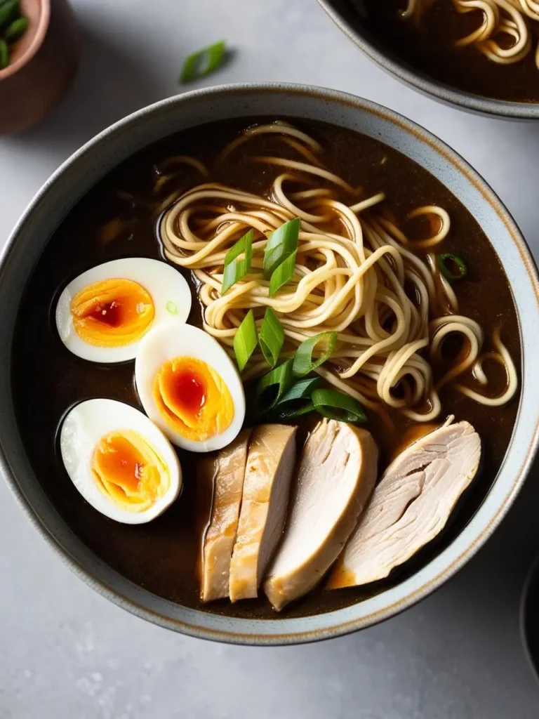 A close-up view of a bowl of chicken ramen. The bowl is filled with a rich, dark broth, noodles, soft-boiled eggs, sliced chicken, and green onions.