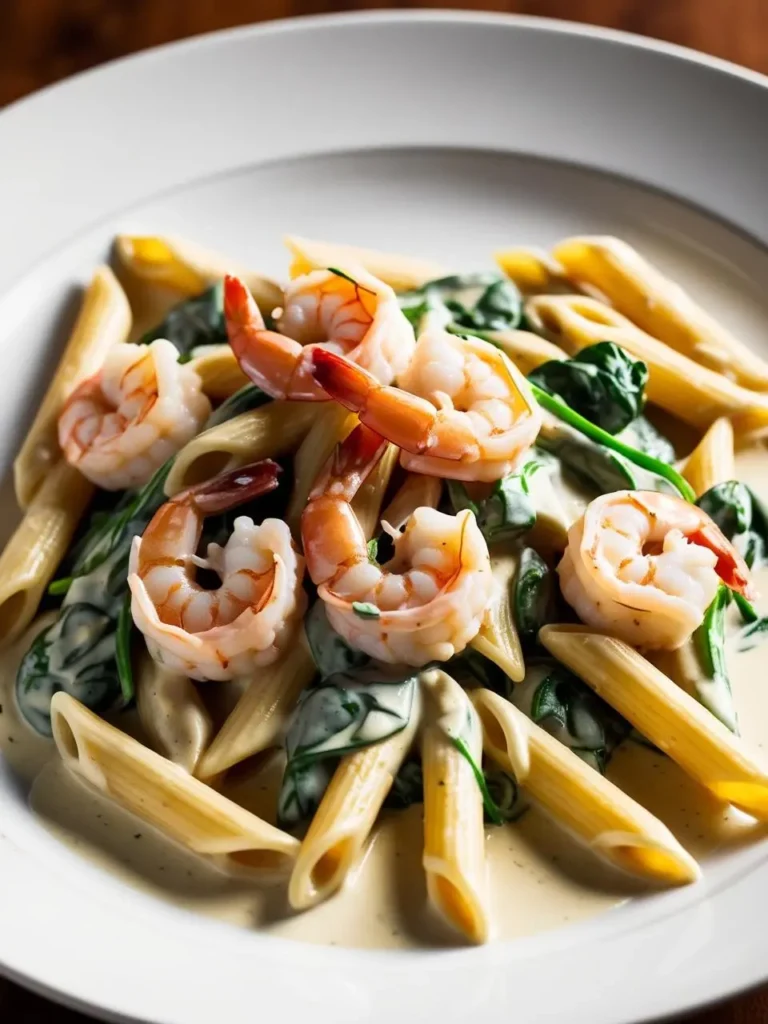 A plate of creamy shrimp and spinach pasta. The pasta is coated in a rich, creamy sauce and topped with large, plump shrimp and fresh spinach. It looks like a decadent and satisfying meal.