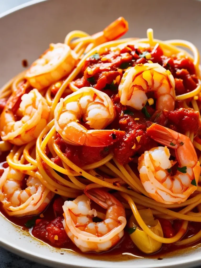 A plate of spaghetti tossed with a vibrant tomato sauce and topped with large, juicy shrimp. The sauce looks rich and flavorful, and the dish is garnished with fresh parsley. It looks like a classic Italian dish that is both delicious and visually appealing.