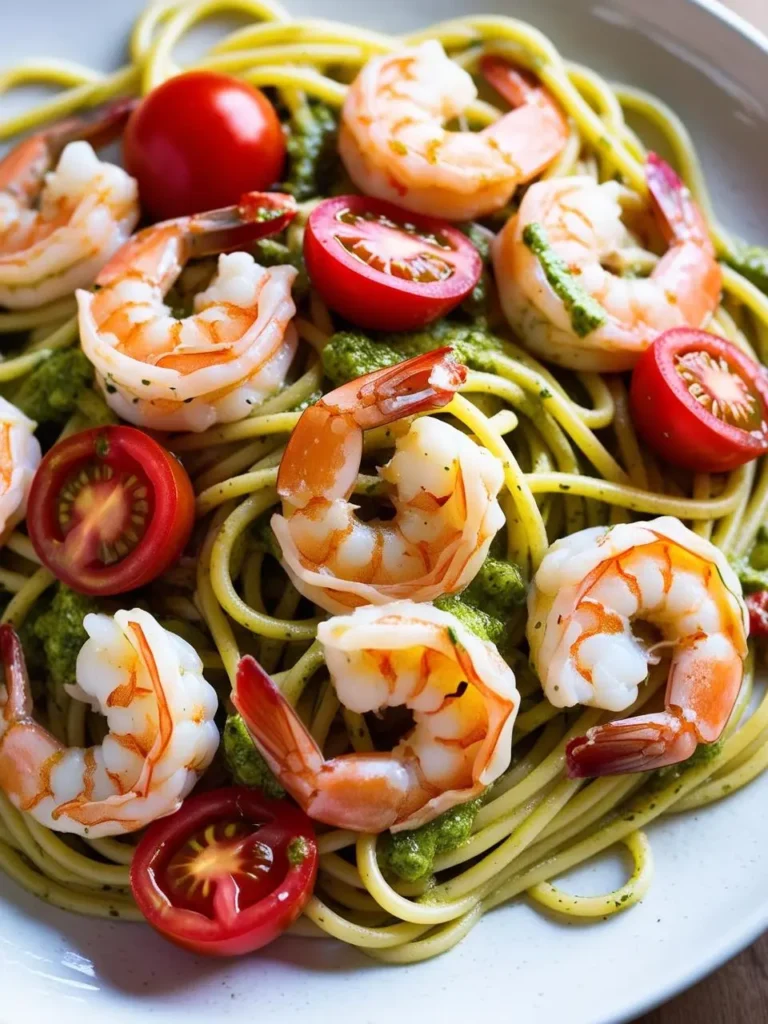 A plate of spaghetti tossed with a vibrant pesto sauce, garnished with plump shrimp and halved cherry tomatoes. The dish looks fresh, flavorful, and perfect for a light summer meal.