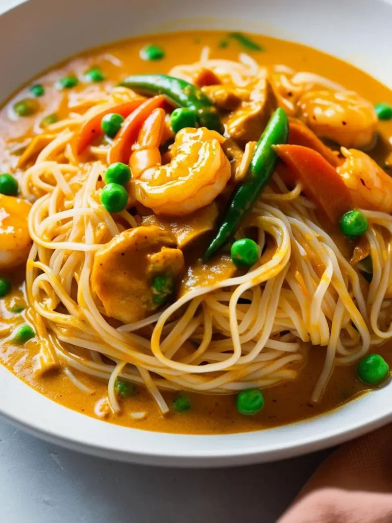 A bowl of creamy Laksa, a flavorful Malaysian noodle soup. The dish features rice noodles swimming in a rich, coconut-based curry broth, topped with shrimp, vegetables like peas and carrots, and a touch of chili for a spicy kick. It looks incredibly inviting and flavorful.