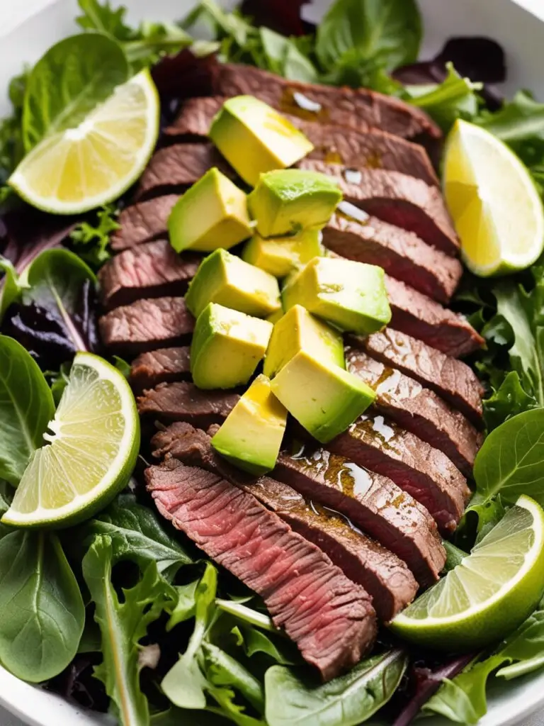 A plate of a vibrant steak salad. It features thinly sliced grilled steak resting on a bed of mixed greens, topped with avocado slices and lime wedges. It looks like a refreshing and flavorful meal.