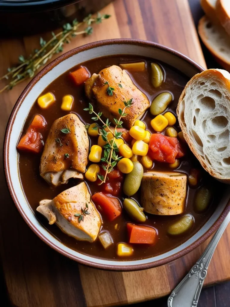 A bowl of hearty Brunswick Stew. The stew is filled with tender shredded chicken, lima beans, corn, potatoes, and tomatoes, all simmered in a rich broth. The dish looks comforting and perfect for a cold day.