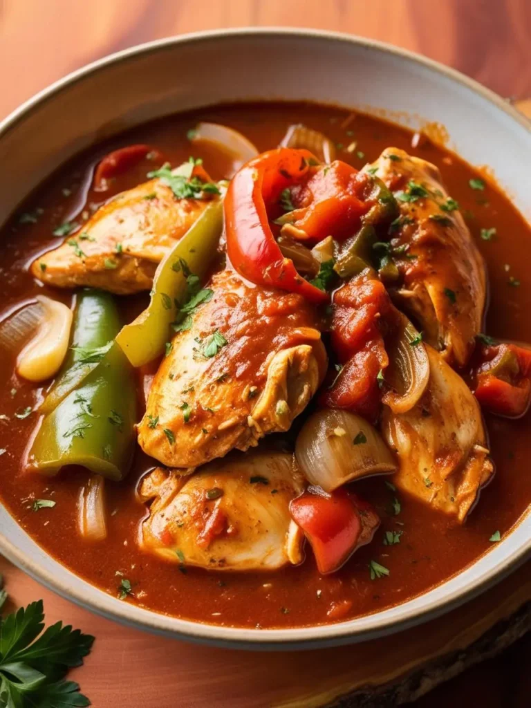 A close-up view of a bowl of Chicken Paprikash. The dish features tender chicken pieces simmered in a rich paprika-based sauce with bell peppers, onions, and fresh parsley.