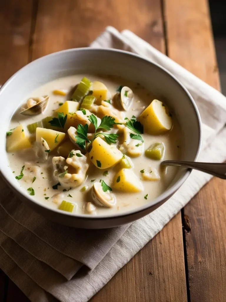 A bowl of creamy clam chowder, brimming with clams, potatoes, and vegetables. The chowder looks rich and flavorful, garnished with fresh parsley. It's a perfect cozy winter dish.