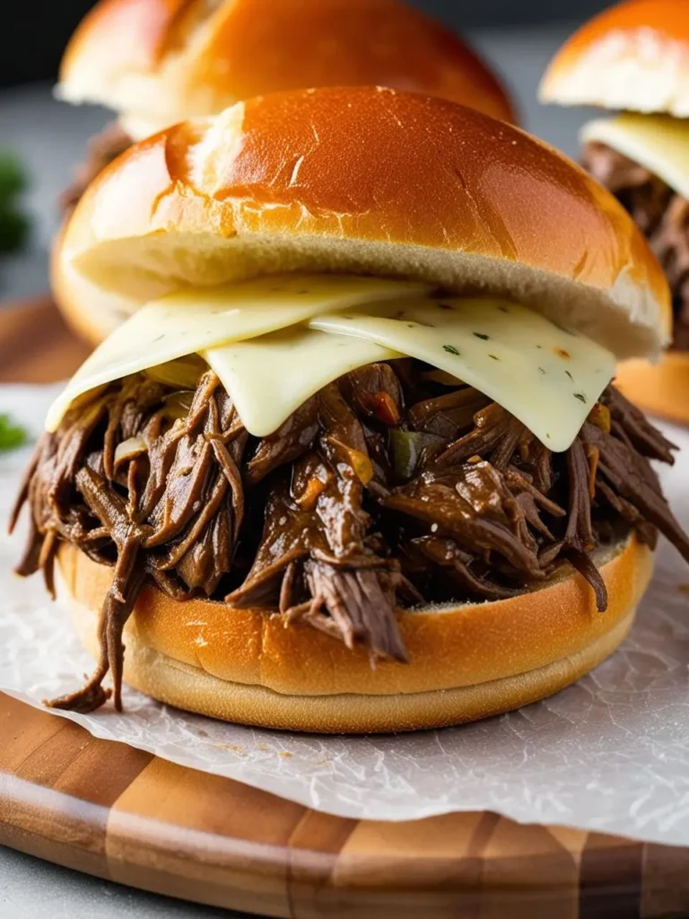 A mouthwatering French Dip sandwich piled high with tender shredded roast beef and melted provolone cheese. The sandwich is served on a toasted roll and drizzled with au jus for extra flavor. It looks like a perfect comfort food.