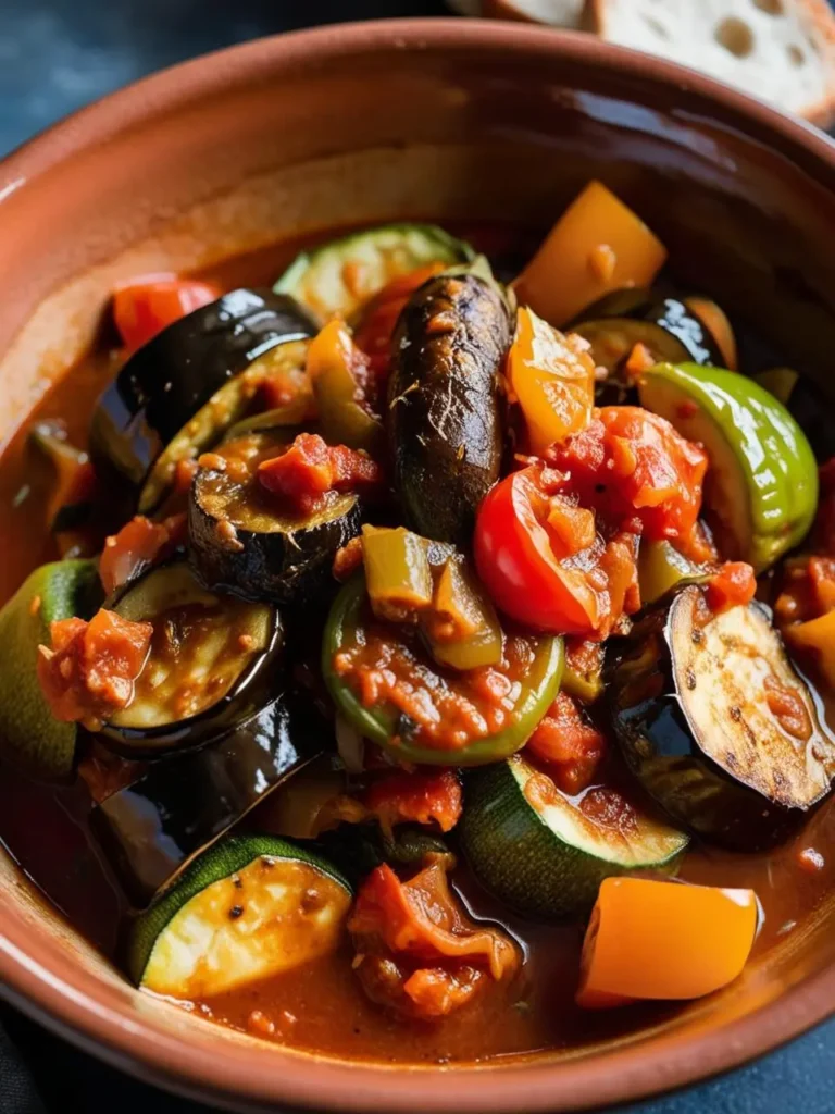 A bowl of ratatouille, a French Provençal stewed vegetable dish consisting of eggplant, zucchini, bell peppers, tomatoes, garlic, and herbs, slow-cooked in olive oil.