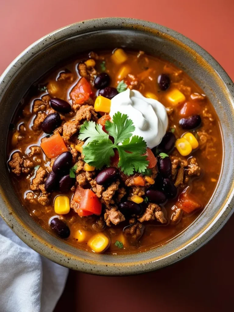 A bowl of hearty chili with ground beef, black beans, corn, and tomatoes. The chili is topped with sour cream, cilantro, and a sprinkle of cheese. The dish looks warm, comforting, and perfect for a cold day.