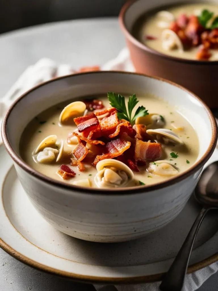 A bowl of creamy clam chowder topped with crispy bacon bits and fresh parsley. The chowder looks rich and flavorful, with visible clams and potatoes. It’s a perfect comfort food for a cold day.