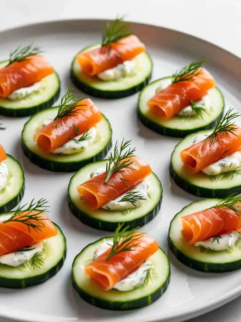 A plate of elegant smoked salmon appetizers. Each bite consists of a thin cucumber slice topped with a dollop of cream cheese, a slice of smoked salmon, and a sprig of dill. The presentation is simple yet sophisticated.