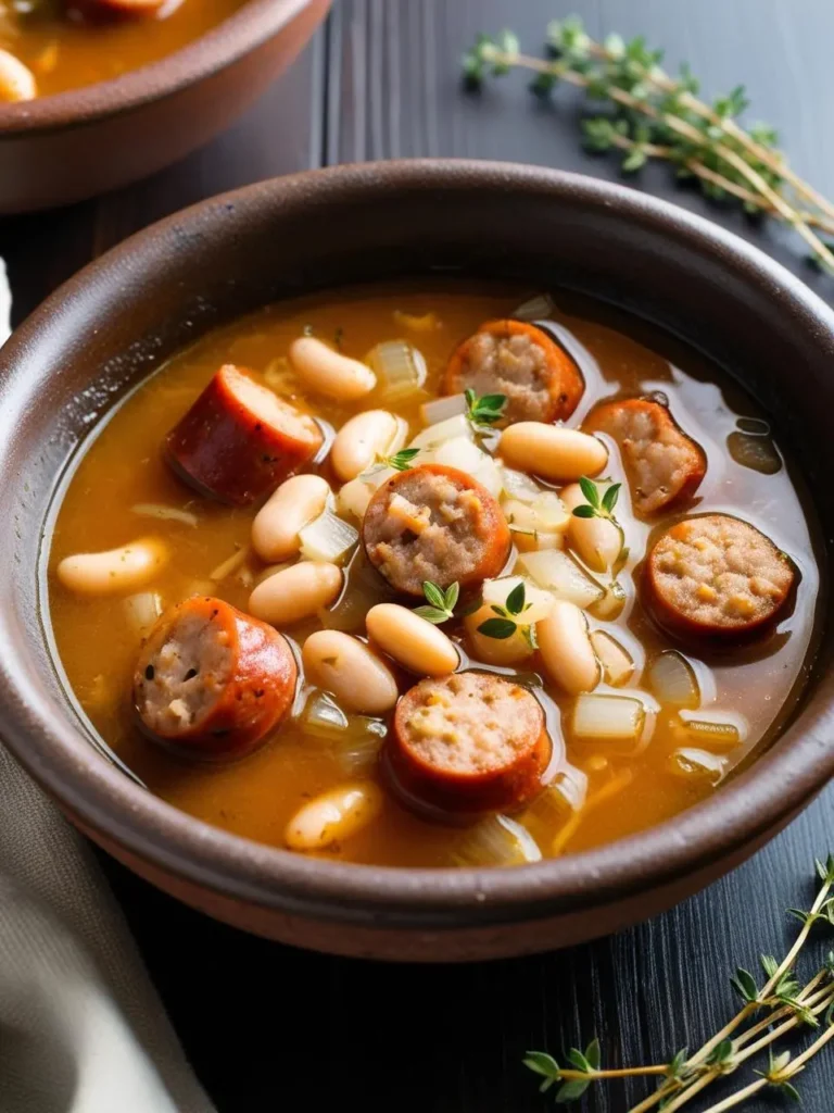 A hearty bowl of white bean and sausage soup. The soup is filled with tender white beans, savory sausage slices, and vegetables. The bowl is placed on a wooden table with a sprig of thyme nearby.