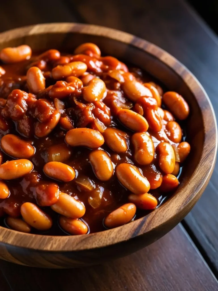 A close-up of a bowl of baked beans. The beans are cooked in a rich, tomato-based sauce and look tender and flavorful. The dish is garnished with chopped onions, adding a touch of sweetness and savory flavor. The beans are served in a wooden bowl on a wooden table.