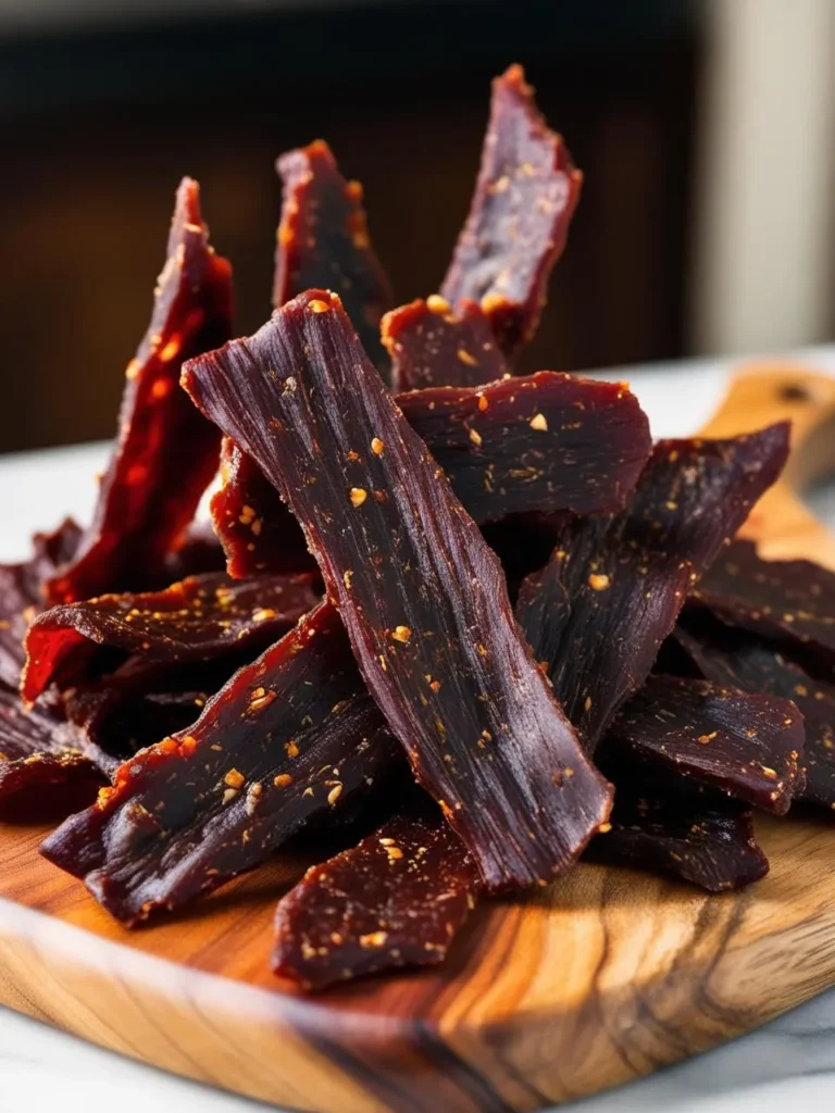 A close-up image of a pile of homemade beef jerky on a wooden cutting board. The jerky is dark brown in color and has a slightly shiny surface. There are small pieces of herbs and spices visible on the jerky.