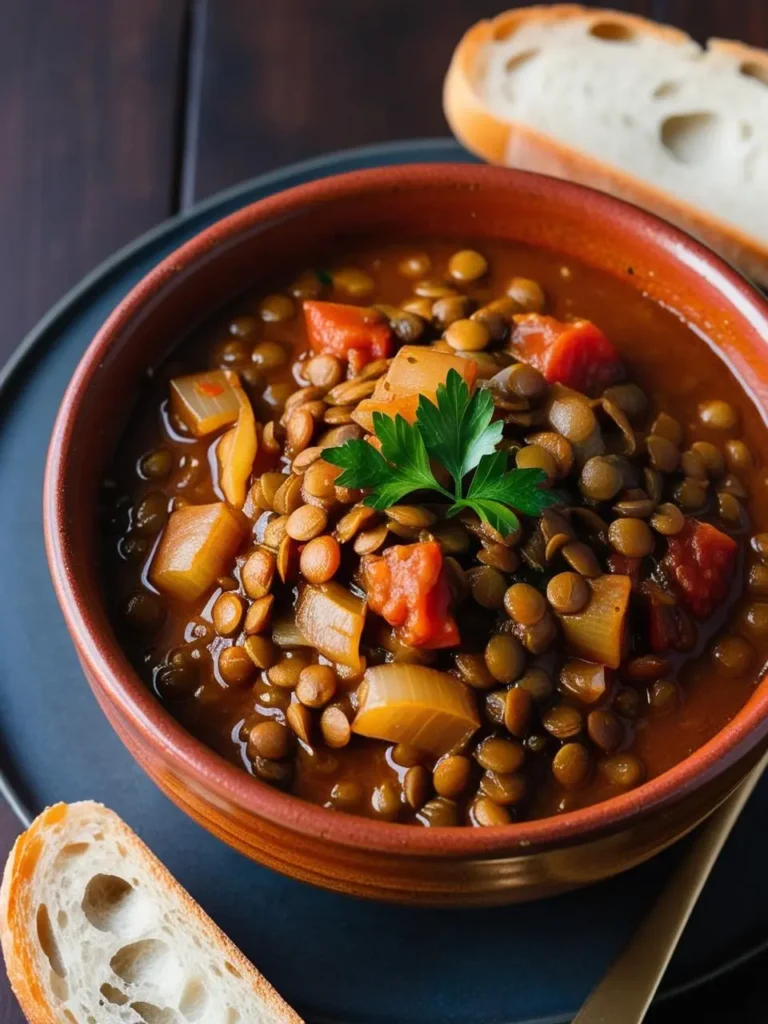 A close-up view of a bowl of hearty lentil stew. The stew is a rich, reddish-brown color and is filled with cooked lentils, vegetables, and a sprig of parsley. Slices of crusty bread are placed beside the bowl.