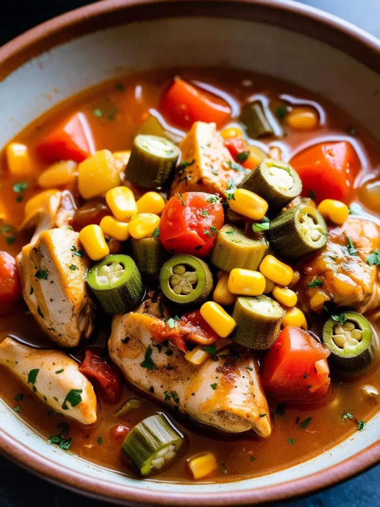 A bowl of savory chicken gumbo. The stew is filled with tender chicken, okra, corn, tomatoes, and a rich, flavorful broth. The dish looks hearty and perfect for a cold day.