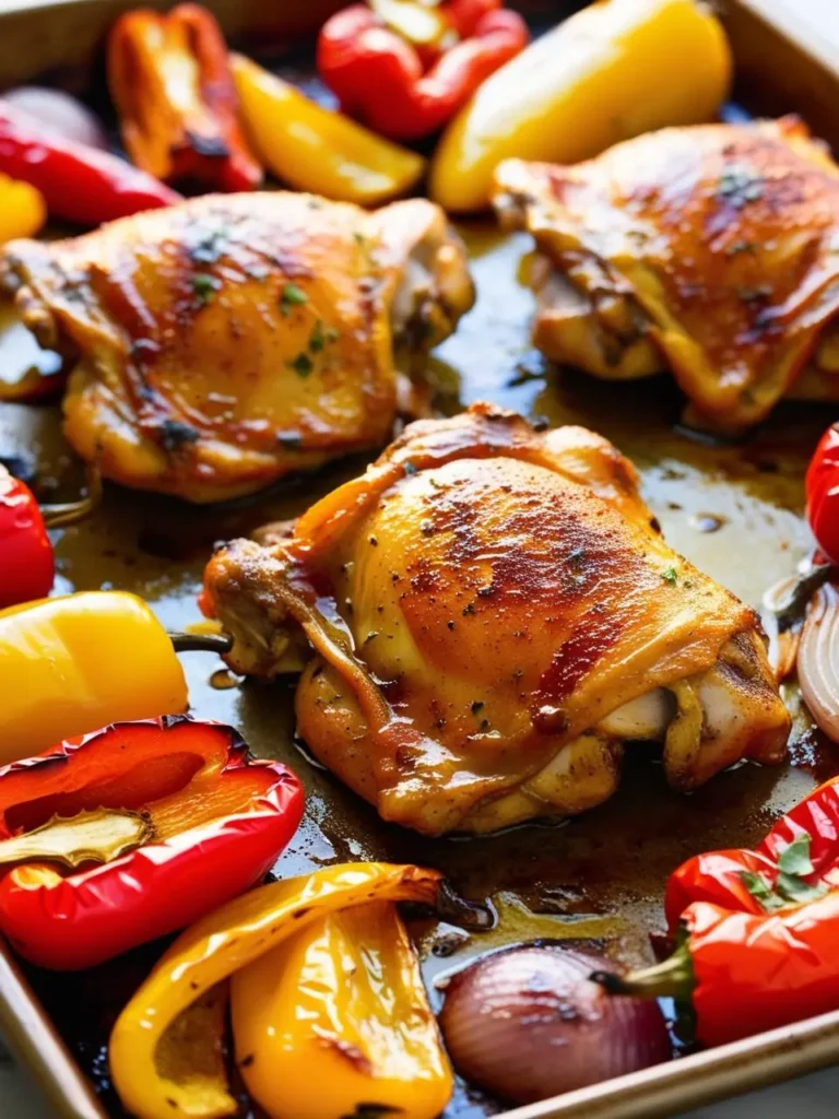 A sheet pan filled with roasted chicken thighs and colorful vegetables. The chicken thighs are golden brown and crispy, and the vegetables, including bell peppers and onions, are tender and flavorful. It looks like a delicious and easy weeknight meal.