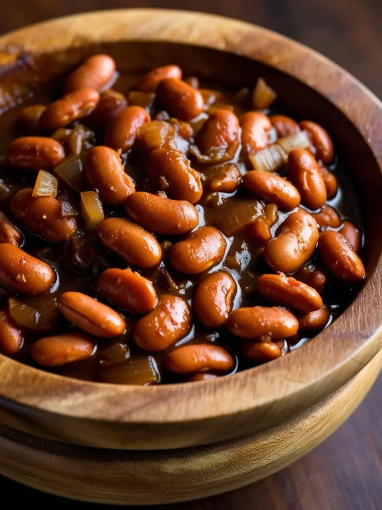 A close-up of a bowl of baked beans. The beans are cooked in a rich, brown sauce and look tender and flavorful. The dish is garnished with chopped onions, adding a touch of sweetness and savory flavor.