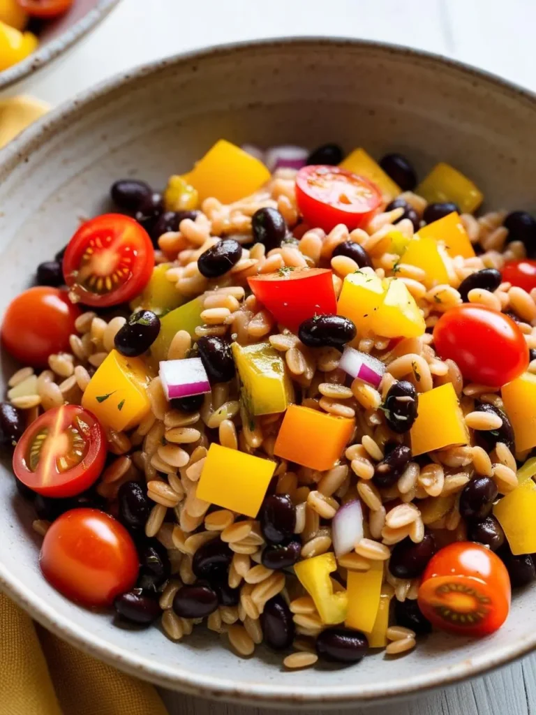 A colorful Southwest farro salad featuring chewy farro, black beans, cherry tomatoes, yellow bell peppers, and red onion. The dish combines vibrant ingredients with fresh herbs and a light dressing, offering a mix of protein, fiber, and bright flavors for a refreshing, hearty meal.