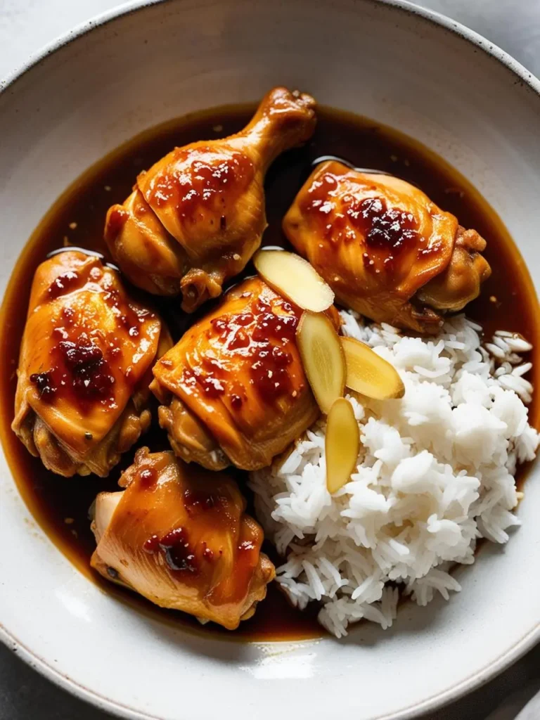 A plate of glazed chicken thighs served over a bed of white rice. The chicken looks tender and juicy, and the glaze is a beautiful golden brown color. The dish is garnished with slices of ginger and looks delicious and inviting.