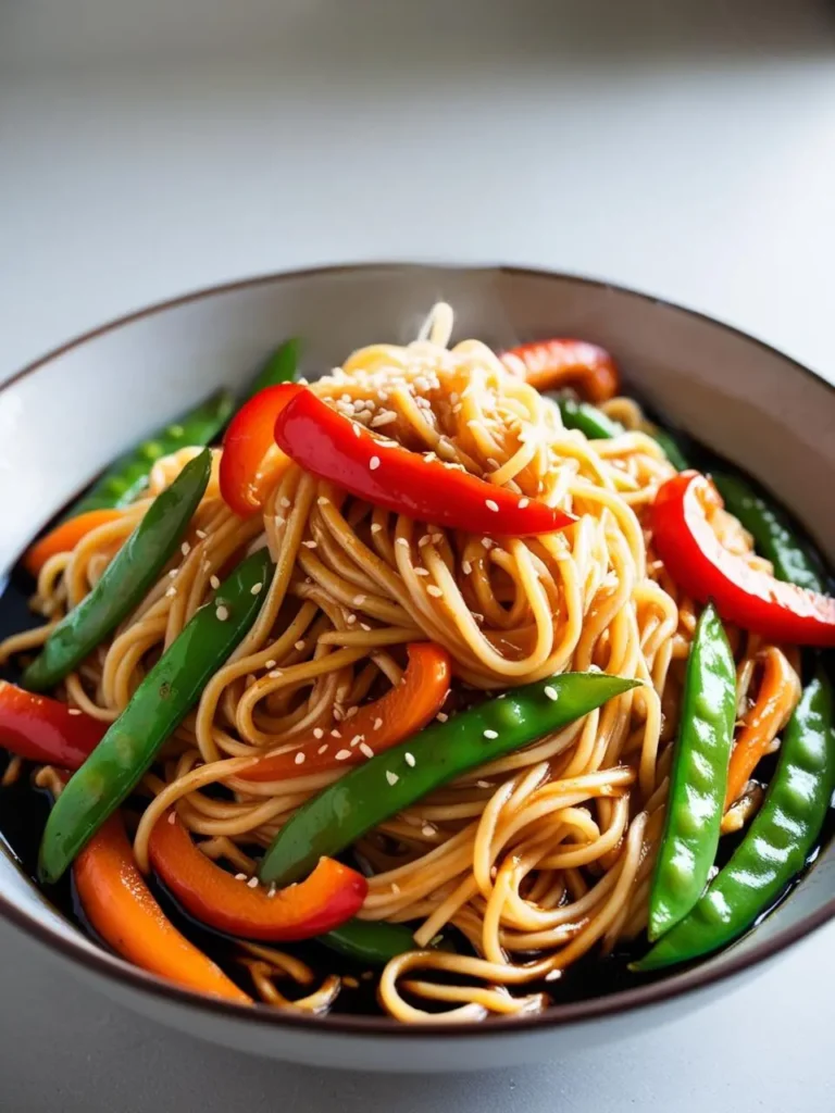 A bowl of stir-fried noodles with colorful bell peppers, snow peas, and a glossy sauce. The noodles are topped with sesame seeds, adding a touch of crunch and flavor. The dish looks incredibly appetizing and perfect for a quick and easy meal.