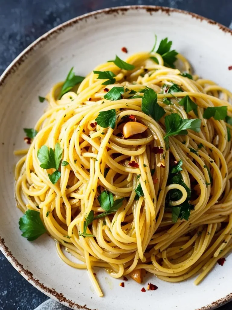 A plate of spaghetti aglio e olio. The spaghetti is tossed in a simple but flavorful sauce of garlic, olive oil, red pepper flakes, and parsley. The dish looks delicious and inviting.