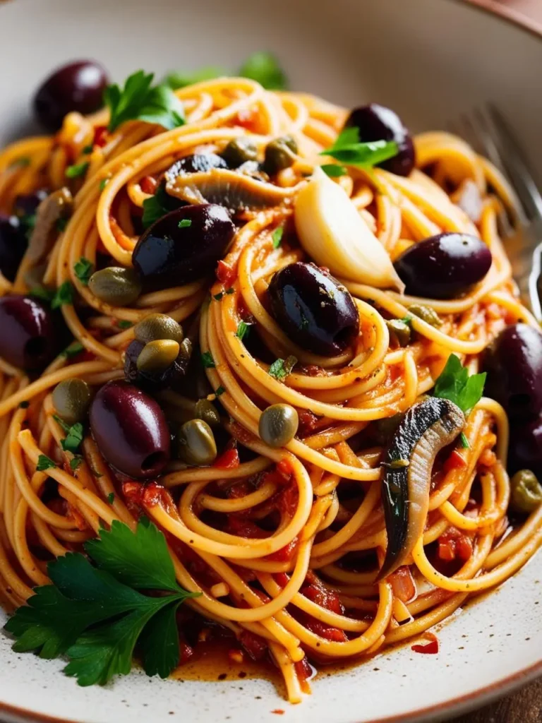 A plate of spaghetti alla puttanesca. The spaghetti is coated in a flavorful sauce made with tomatoes, olives, capers, and garlic. The dish is garnished with fresh parsley. It looks delicious and inviting.