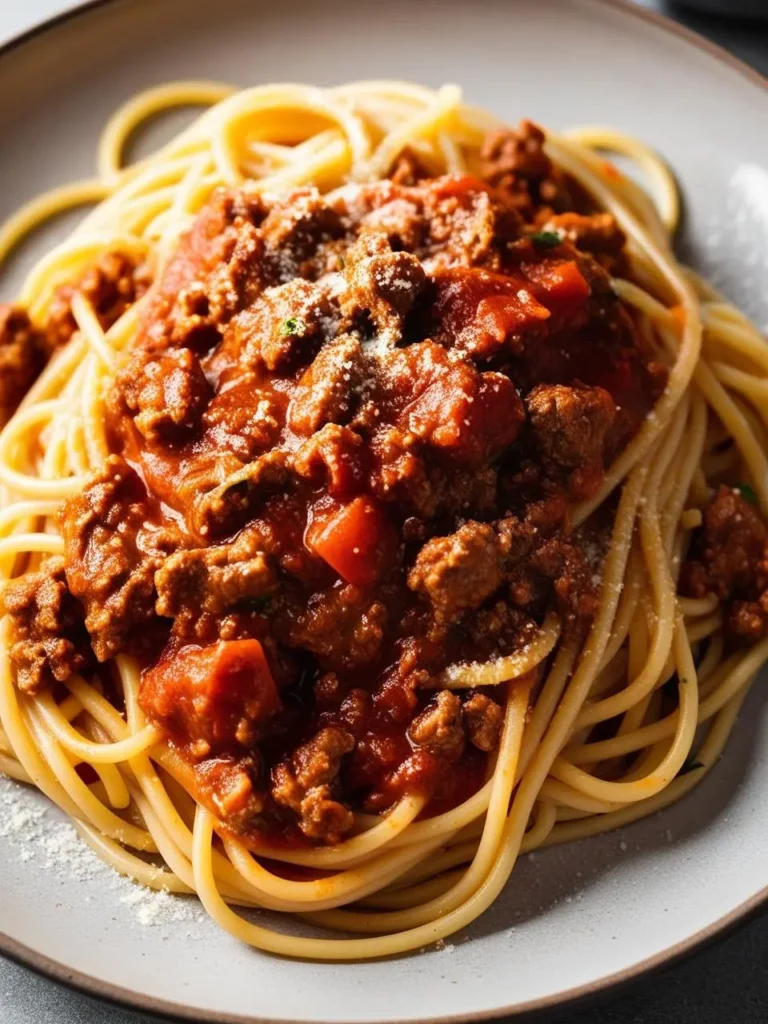 A plate of spaghetti with a rich and hearty meat sauce. The spaghetti is cooked al dente and topped with a generous amount of meat sauce. The dish is garnished with grated Parmesan cheese, adding a touch of flavor and texture. It looks delicious and inviting.