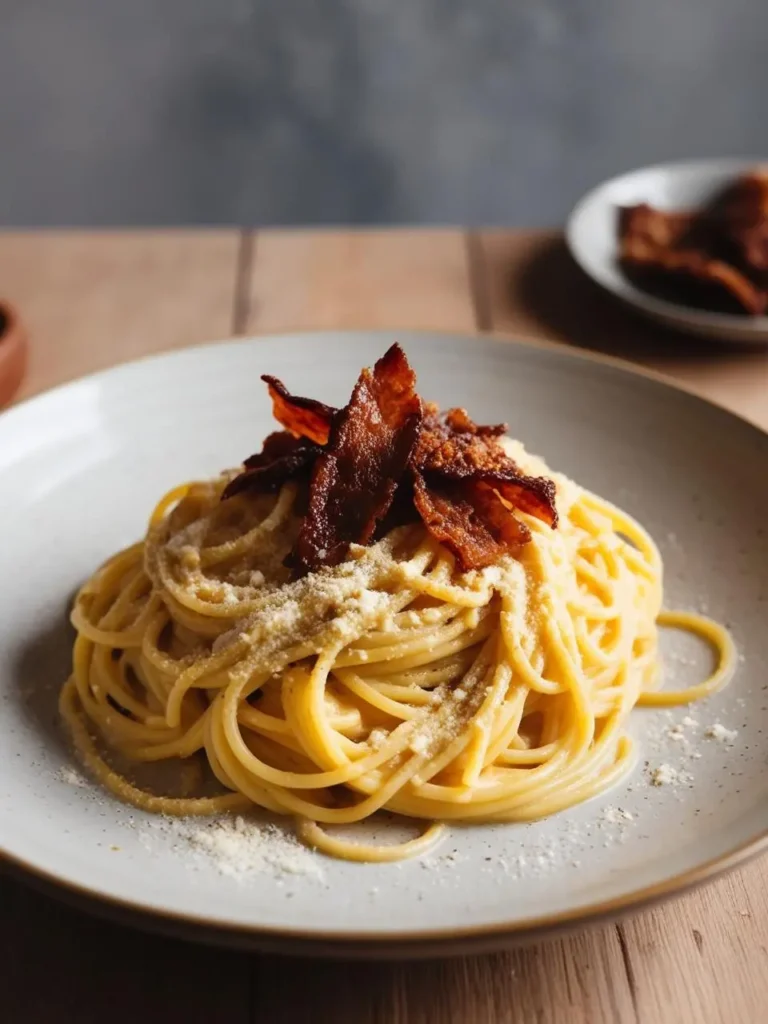 A plate of spaghetti carbonara. The pasta is coated in a creamy egg yolk sauce and topped with crispy bacon and grated Parmesan cheese. The dish looks rich, decadent, and incredibly appetizing.