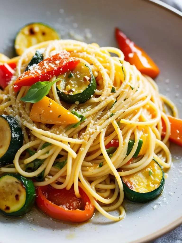 A plate of spaghetti with roasted vegetables. The spaghetti is tossed with grilled zucchini, bell peppers, and cherry tomatoes. The dish is garnished with fresh basil leaves and grated Parmesan cheese. It looks delicious and inviting.