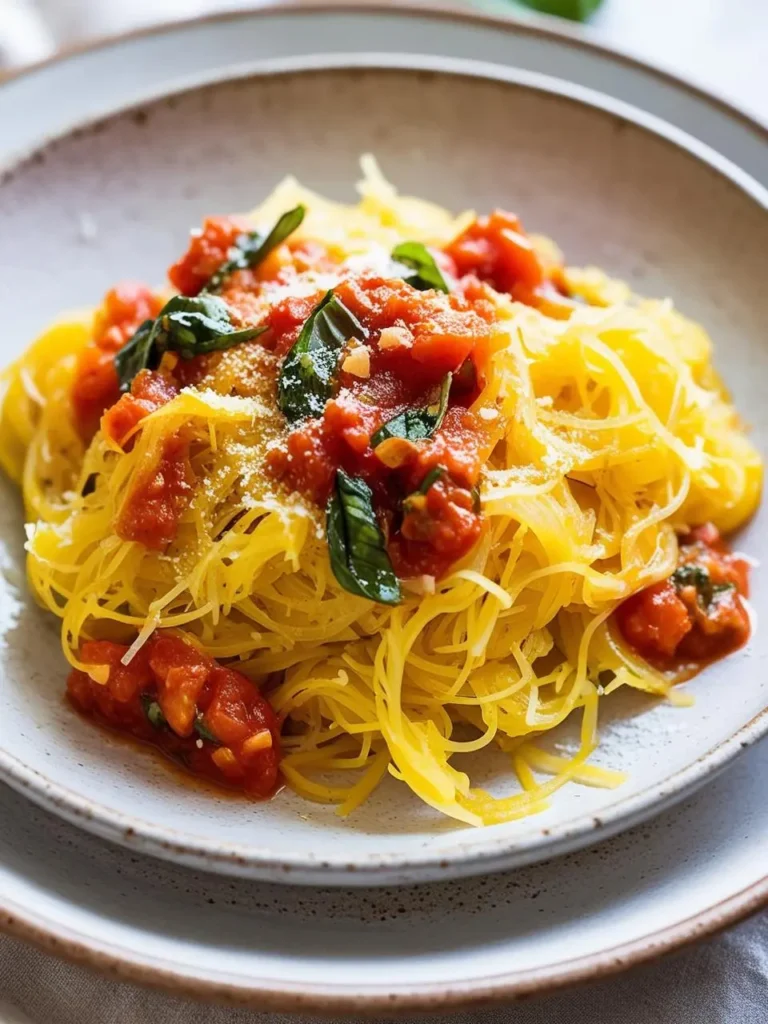 A plate of spaghetti squash noodles topped with a vibrant tomato sauce. The sauce is garnished with fresh basil leaves and grated Parmesan cheese, adding a touch of freshness and flavor.