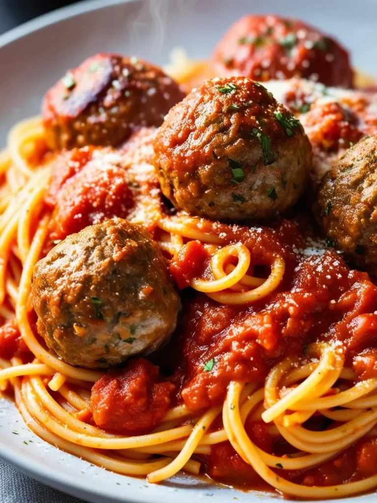 A plate of spaghetti and meatballs. The spaghetti is covered in a rich tomato sauce, and the meatballs are juicy and flavorful. The dish is topped with grated Parmesan cheese, and it looks incredibly appetizing.