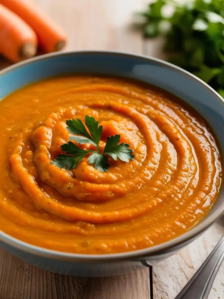 A close-up of a bowl of vibrant orange carrot soup. The soup is smooth and creamy, garnished with a sprig of fresh parsley. A few carrots and parsley sprigs are visible in the background. The soup looks warm, comforting, and full of flavor.