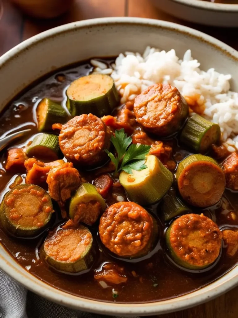 A close-up of a bowl of hearty gumbo with andouille sausage, okra, and rice. The gumbo looks rich and flavorful, with a deep brown color and a variety of ingredients. It's the perfect comforting meal.