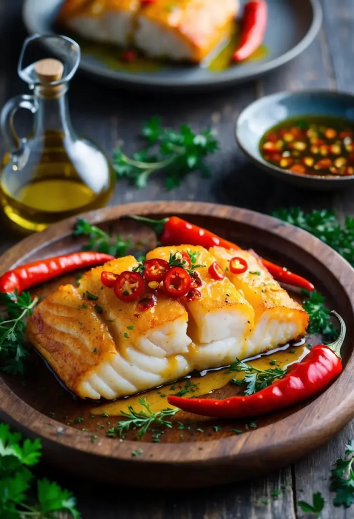 A golden-brown baked cod fillet drizzled with chili oil, surrounded by vibrant red chili peppers and aromatic herbs on a rustic wooden platter