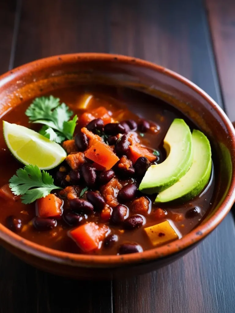 A bowl of hearty and flavorful black bean soup, topped with avocado slices, lime wedges, and fresh cilantro. The soup looks warm and inviting, perfect for a chilly day.