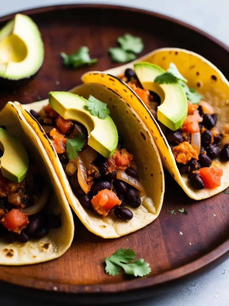 A plate of delicious-looking black bean tacos. The tacos are filled with a savory black bean mixture, topped with fresh avocado slices, diced tomatoes, and a sprinkle of cilantro. They look hearty and flavorful.