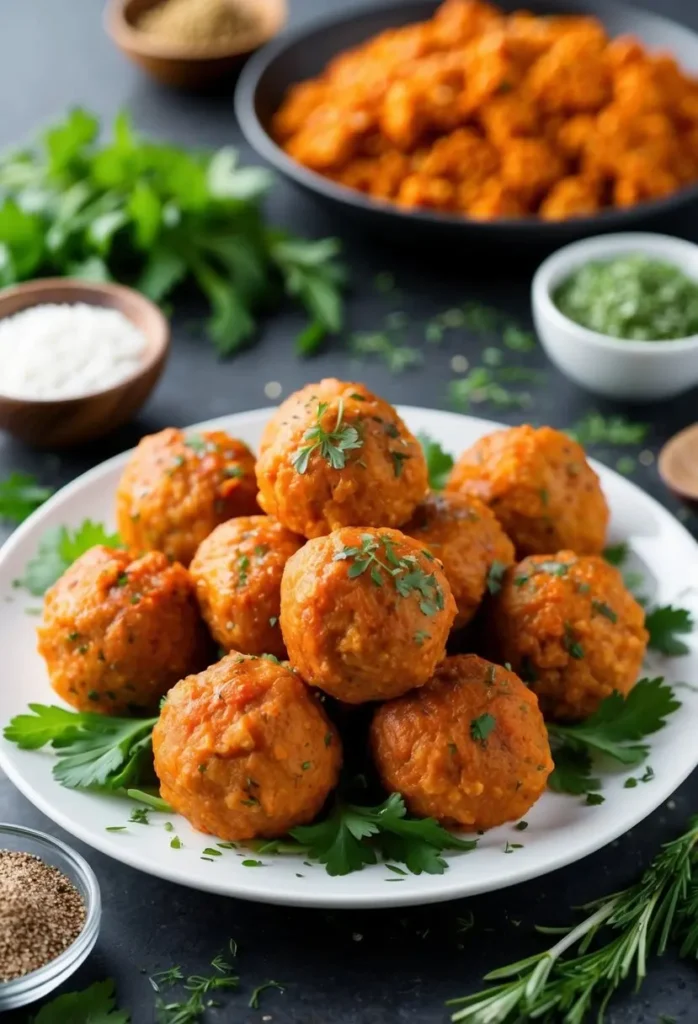 A platter of spicy buffalo turkey meatballs surrounded by fresh herbs and spices