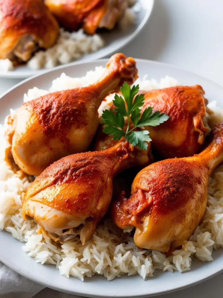 A plate of roasted chicken legs served over a bed of fluffy white rice. The chicken looks golden brown and crispy, and is garnished with fresh parsley. The dish is a perfect example of a delicious and satisfying meal.