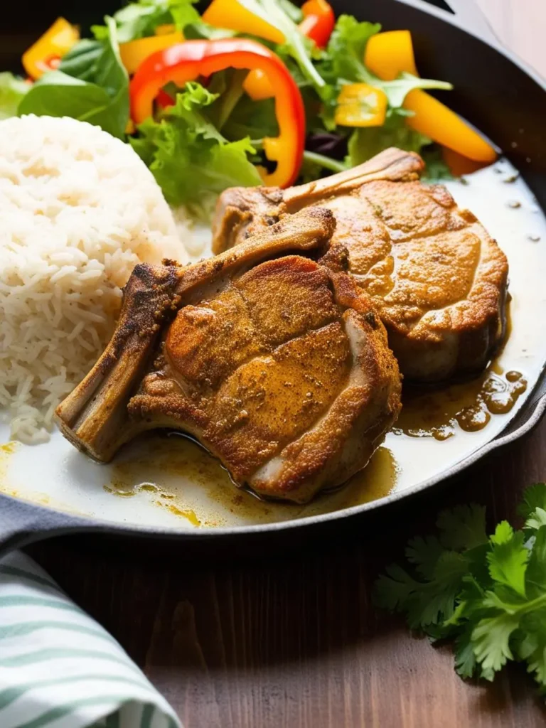 Two beautifully seasoned pork chops are nestled in a cast iron skillet, glistening with a golden brown crust. They're accompanied by a side of fluffy white rice and a vibrant salad with fresh greens and colorful vegetables. The dish looks incredibly appetizing and ready to be enjoyed.