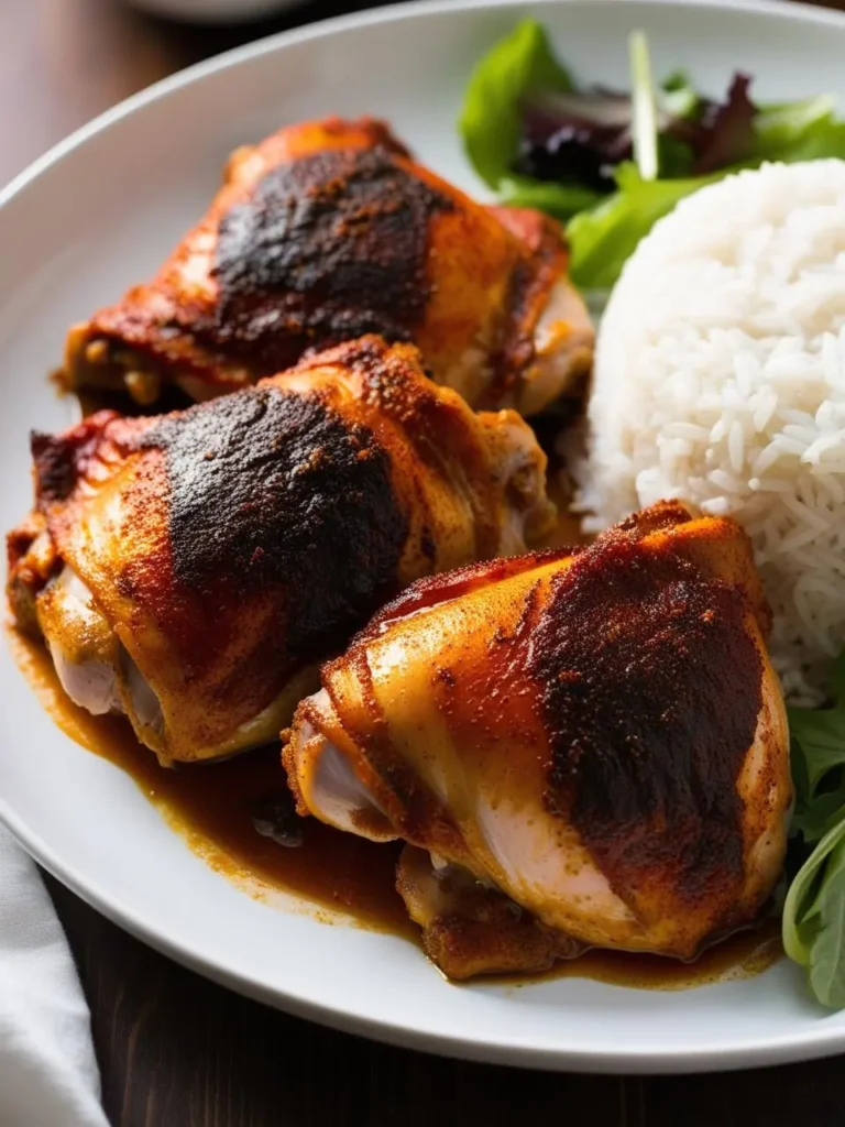 Three golden-brown chicken thighs are arranged on a white plate with a side of fluffy white rice and a small side salad. The chicken thighs are seasoned with a flavorful spice blend, resulting in a crispy exterior and juicy interior.