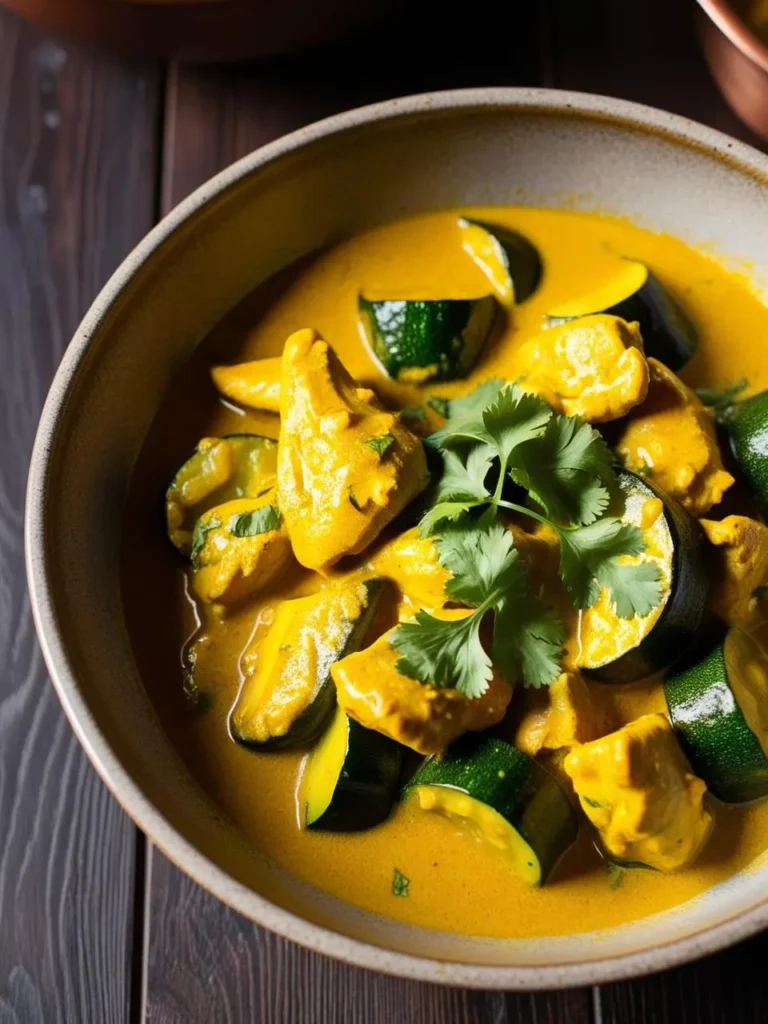 A bowl of golden curry with chunks of chicken and zucchini. The curry looks creamy and flavorful, and the zucchini adds a vibrant green color. The dish is garnished with fresh cilantro, adding a touch of freshness. The image looks incredibly appetizing and perfect for a comforting meal.